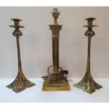 Brass, columned electric lamp with a pair of Art Nouveau period, early 20thC candlesticks, Lamp