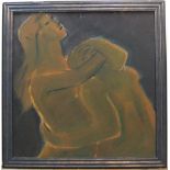 Unsigned 1070s modernist oil "Mother & girl embracing, framed 56 x 56cm