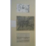 L S Lowry, graphite, street scene drawing, bears signature & 2 reproduced prints, all unframed,