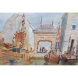 Pat JOBSON (1919-2007) impressionist watercolour "Dortrecht harbour", signed, framed, 25 x 35 cm