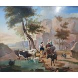 Unsigned 19thC oil master oil on metal panel, "Women and livestock at watering hole", in original