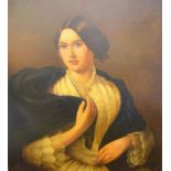 Large Edwardian, oil portrait of a young Victorian lady, monogrammed MP & dated 1944, framed, 77 x