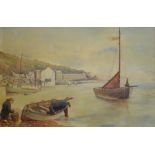 J W Clayton 1902 watercolour "Mending the rowing boat", signed and dated, mounted but unframed, 25 x