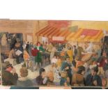 Circle of Gladys MACCABE (1918-2018), large oil on board, "Busy street scene", unsigned, unframed,