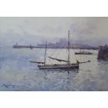 Eyres SIMMONS (1872-1955) impressionist watercolour, Sailing boats in harbour, signed, original gilt