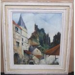 Indistinctly signed, mid 20thC modernist oil on canvas, "Townscape of Gorbio, France", original