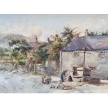 Sykes, early 20thC watercolour "Figures round the water pump", indistinctly signed, framed, 38 x