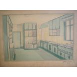 6 large art-deco 1930s architects drawings of room interiors,