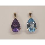 2 9ct gold pear cut pendants, one a blue Topaz, the other a Amethyst (2), 2.9 grams gross combined