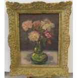 H Carl late 20thC post-impressionist oil on card, "Vase of flowers" in pleasing ornate frame,