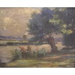 Mid 20thC British oil on canvas, "Country river scene", inscribed K Knight to stretcher verso, old