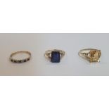 3 yellow gold rings, stamped 9ct, 1 with a large citrine & diamond chips, the 2nd with a large