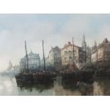 Large, indistinctly signed 20thC oil on canvas, "European harbour scene", wood frame, 51 x 76 cm