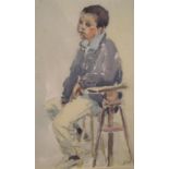 Mid 20thC watercolour "Seated boy" initialled E.M, mounted, thin wood frame, 38 x 25 cm