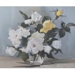 Indistinctly signed, watercolour "White and yellow roses", framed and glazed, 27 x 32 cm