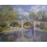 Modernist British school oil on canvas, of a bridge, signed MAYES, signed, framed, 40 x 51 cm