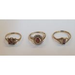 3 gold rings to include a 9ct yellow gold & oval cut Garnet surrounded by diamonds, another 9ct gold