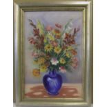 Large H Carl, 1970s impressionist oil on canvas, "Vase of flowers" in silvered frame, 76 x 50 cm