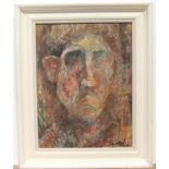 Indistinctly signed, impressionist oil on board, head of man, signed and in white painted wood frame