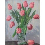William Lambert BELL (1904-1983) oil on board, "Vase of Tulips", signed, white painted wood frame,