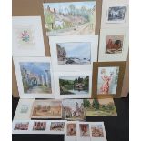 Collection of 18 items including 9 unframed prints and 9 good quality early 20thC watercolours by