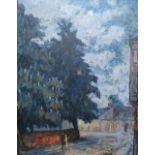 Indistinctly signed large 1946 oil on canvas, "Figures in street" in superb, period, wide wood