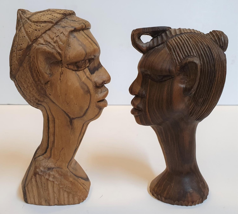 Pair of Nigerian wood carvings and a large ebony wood head carving lamp (no wiring), The pair - Image 2 of 6