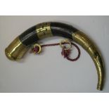 Antique horn & engraved brass decretive powder flask with hanging cord, 30cm in length