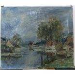 Indistinctly signed, mid 20thC oil on canvas, river scene, unframed, 50 x 60 cm