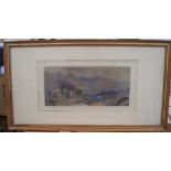 Early 20thC, indistinctly signed, extensive mountain landscape, wash mount and thin wood frame, 15 x