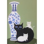 Nicola Ward-Tomkinson large oil on board, "Cats with vases", signed, wood framed, 77 x 51 cm