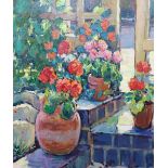 Edward NOOTT (born 1963) oil on canvas, "Hot Geraniums", signed, original artists label verso and in