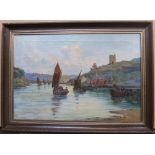 David MARTIN (act.1887-1935) oil on canvas, "Fishing fleet leaving port", old wood frame, 51 x 77 cm