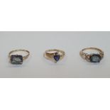 3 yellow gold rings, all stamped 9ct, 2 with Mystic toapaz & diamond chips, the third a trillion cut