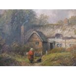 Attributed to George Turner (1843-1910) oil on wood panel "Lady before country cottage"