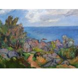 Huge, Eduard STEINBACH (1878-1939) 1937 oil on board, "Extensive modernist coastal landscape,