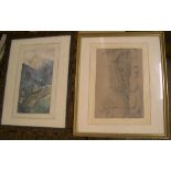 2 early/mid 20thC Alpine scene drawings, 1 a watercolour of Alpine mountain village, the 2nd a