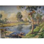 Joseph CARON (French 1866-1944) impasto impressionist oil on canvas, "French lake scene" signed,