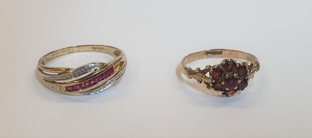 9ct yellow gold ring set with rows of diamonds and Ruby's together with a 9ct yellow gold Garnet