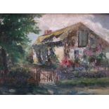 Unsigned, mid 20thC French oil on card, "Country cottage", thin ebonised frame, 18 x 23 cm