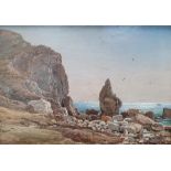 Unsigned, c1900 oil on board, "Rocky coastal scene" in pleasing old frame, 25 x 35 cm