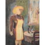 D J Lacroix 1946 French abstract oil on thin card, "Housewife by a table", framed, 60 x 59 cm