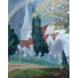 Charles Arthur WHEELER (1880-1977) 1958 oil on board, "Artist painting Chaddon church", initialled