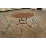 Vintage circular metal garden/patio table & 2 vintage wood & metal chairs, Table measures 73 cm high