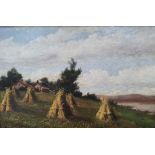 Unsigned, late Victorian oil on canvas "Haystacks in field", original gilt plaster frame (a/f), 19 x