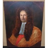 Large 20thC oil on canvas, portrait of an 18thC be-wigged gentleman, unsigned, unframed, 89 x 69 cm