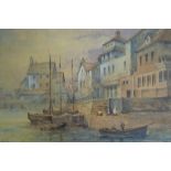 Fine quality, Edwardian watercolour "Figures on the quay", initialled W.W.M, mounted but unframed,