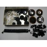 Collection of mother of pearl, Whitby jet etc buttons, buckles, bands etc