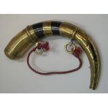 Antique horn & engraved brass decretive powder flask with hanging cord, 30 cm long