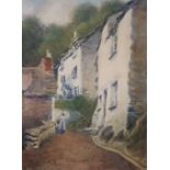 Indistinctly signed 1919 watercolour "Cornish village street scene", signed and dated, thin old